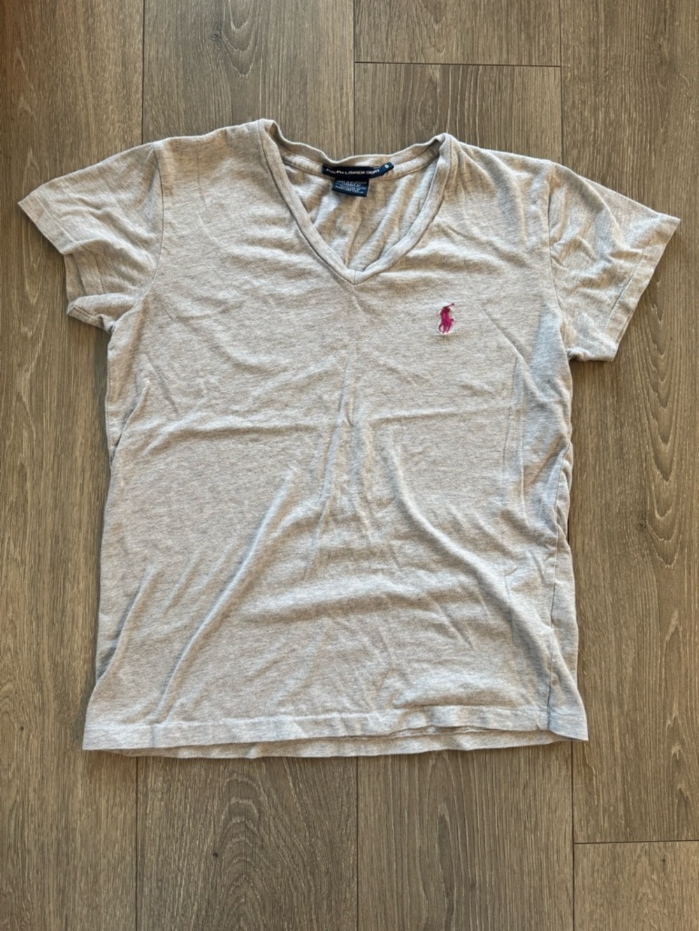 Ralph Lauren Sport Vintage Single Stitch Women's Gray V‑Neck Polo Logo Tee